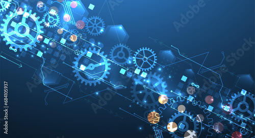 Gear wheel technology pattern on blue gradient background. Hand drawn vector.