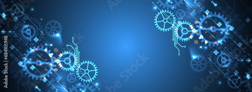 Gear wheel technology pattern on blue gradient background. Hand drawn vector.