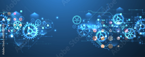 Gear wheel technology pattern on blue gradient background. Hand drawn vector.