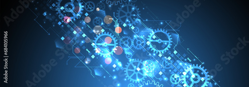 Gear wheel technology pattern on blue gradient background. Hand drawn vector.