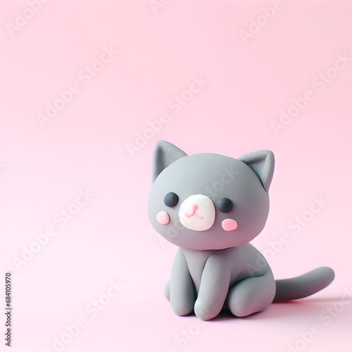 A cute smiling grey cat sitting made of clay on pink background photo