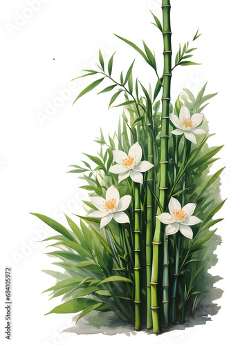 watercolor art of bamboo tree and flower on transparent background  space for text