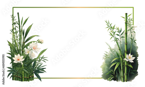 watercolor art of bamboo tree and flower with frame on transparent background ,space for text © Nisit