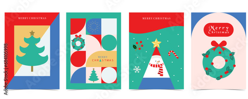 Christmas background with tree,present,wreath.Editable vector illustration for postcard,a4 size