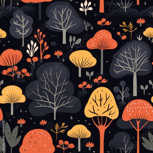 seamless pattern of flat fantasy trees and mushrooms.