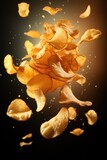 flying potato chips on a dark background with species