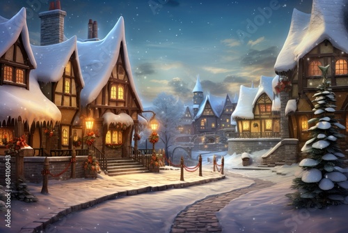 Snow-covered village houses with lit windows under a night sky. Seasonal winter landscape with historic architecture. Concept of Winter holiday and architecture. © Postproduction