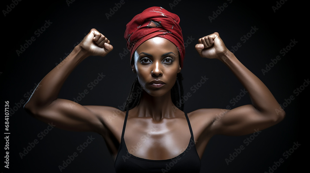 Mujer joven negra de pie con los brazos levantados mostrando el símbolo de fuerza - obrazy, fototapety, plakaty 