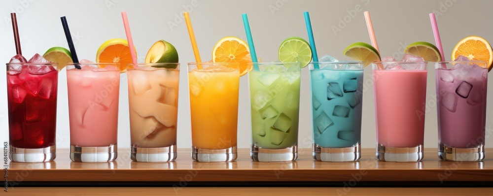 Assortment fresh rainbow cocktails on the bar counter Assortment fresh rainbow cocktails on the bar counter