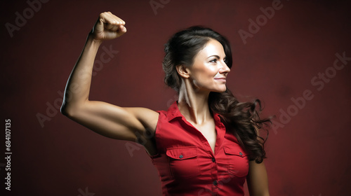 Mujer de pie con el brazo doblado en alto y el puño cerrado mostrando el poder de la mujer con una camisa roja. photo