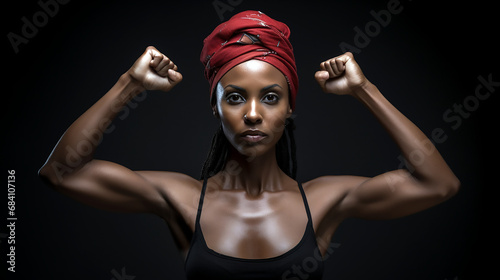 Mujer joven negra de pie con los brazos levantados mostrando el símbolo de fuerza photo