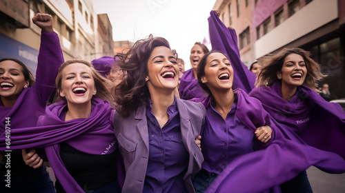 Mujeres jóvenes sonriendo vestidas de morado celebrando la marcha del día de la mujer photo
