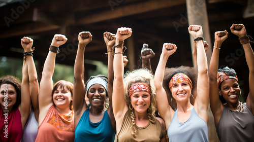 Mujeres alegres de diferentes etnias con los brazo en alto celebrando en grupo el día de la mujer.  photo