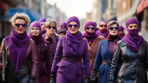 Grupo de mujeres vestidas de morado andando por una calle en la ciudad celebrando el día de la mujeres feministas