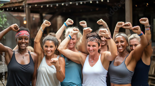 Mujeres sonriendo en grupo con los brazos en alto demostrando estilo de vida fitness photo