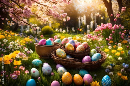 easter eggs in a nest and flowers in the garden