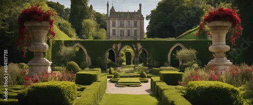 Expensive garden, wedding backdrop, floral arch gate, hedges, gravel walkways, flowers blooming, manicured, grassy, English garden, a medieval castle with red accents far in the distance