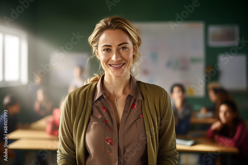 Smiling women teacher in a classroom. Teacher in a room. Lady teacher. AI.