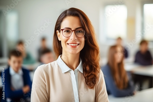 Smiling women teacher in a classroom. Teacher in a room. Lady teacher. AI.