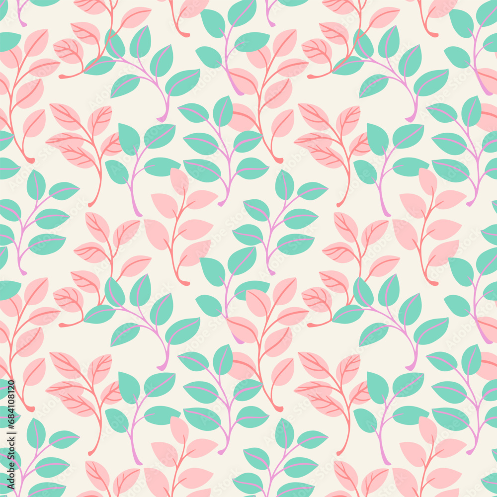 Light pastel cartoon leaves stem seamless pattern. Cute, retro tiny leaf branches print. Vector hand drawn doodle sketch. Design for fashion, fabric, wallpaper.