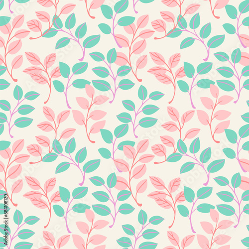 Light pastel cartoon leaves stem seamless pattern. Cute  retro tiny leaf branches print. Vector hand drawn doodle sketch. Design for fashion  fabric  wallpaper.