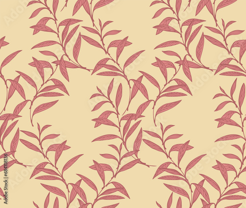 Seamless intertwined branches leaves pattern on a light yellow background. Vector hand drawn sketch. Retro, creative leaf stems print. Design for fashion, fabric, wallpaper.