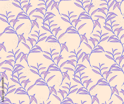 Seamless pattern with vector hand drawn leaf stem on a light background. Stylized, simple, pink pastel leaves branches print. Design for fashion, fabric, wallpaper. © incarnadine