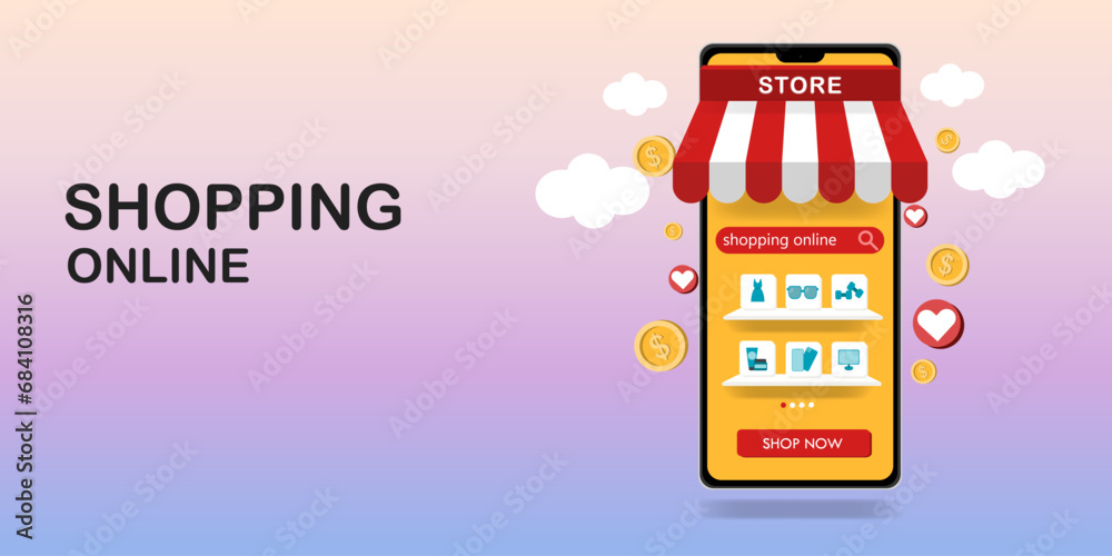 Mobile Application, Shopping Online on Website, Online shopping store on website and mobile phone design. Smart business marketing concept. Horizontal view. Vector Illustration, Vector Concept.