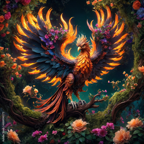 phoenix perched on a blooming  otherworldly tree  surrounded by lush foliage and glowing flowers. ai generative