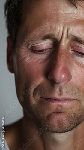 Close-up portrait of crying white male against white background with space for text, AI generated