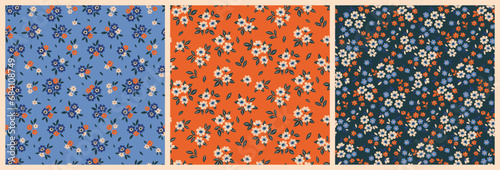 Seamless floral pattern, simple liberty ditsy print collection with mini daisies. Cute botanical design, abstract flower surface: small hand drawn flowers, leaves, tiny bouquets. Vector illustration.