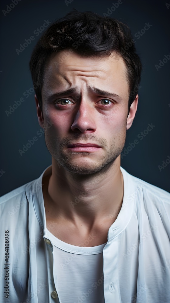 Portrait of crying white male against pastel background with space for text, AI generated