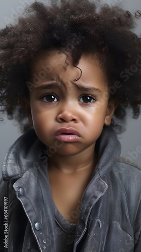 Close-up portrait of crying black girl toddler against white background with space for text, AI generated