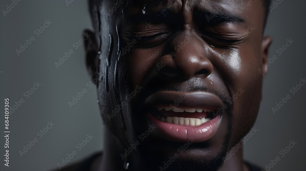 Close-up portrait of crying black male against white background with space for text, AI generated
