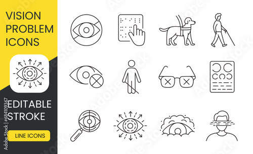 Explore Vision Insight icons, editable strokes for accessibility. Ideal for projects on eye health and disability awareness, featuring guide dog and braille icons.