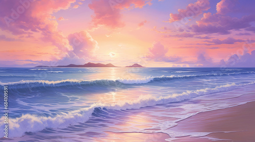 Gentle Waves on a Tropical Shore  Paint a picture of peace with a tranquil beach scene  where gentle waves kiss the shore against a backdrop of a pastel-colored sunset