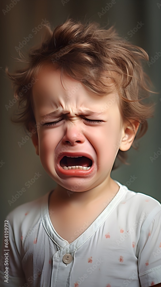 Close-up portrait of crying white boy toddler against pastel background with space for text, AI generated Close-up portrait of crying white boy toddler against pastel background with space for text, AI generated