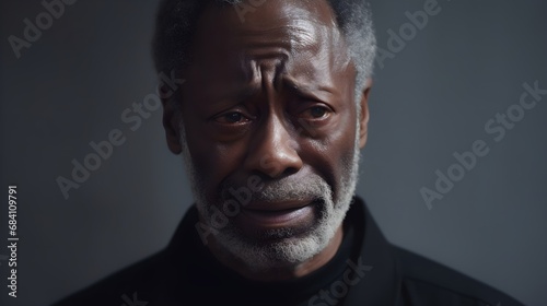 Portrait of crying elderly black male against dark background with space for text, AI generated © Hifzhan Graphics