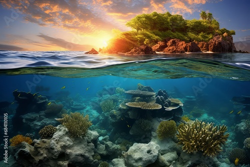 Sunset splendor meets underwater marvel in a split-view image of a coral reef.