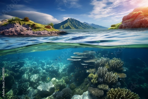 Crystal clear underwater world meets rocky coastal landscape in a serene split view. © Phanida