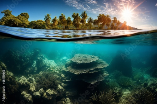 Sunset splendor meets underwater marvel in a split-view image of a coral reef. © Phanida