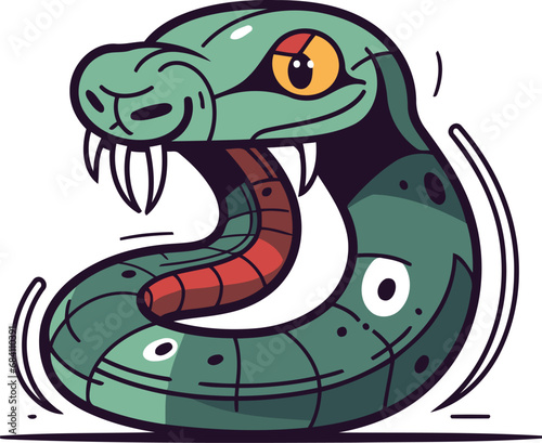 Vector illustration of a green snake with a red worm in its mouth