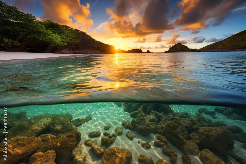 Sunset splendor meets underwater marvel in a split-view image of a coral reef.
