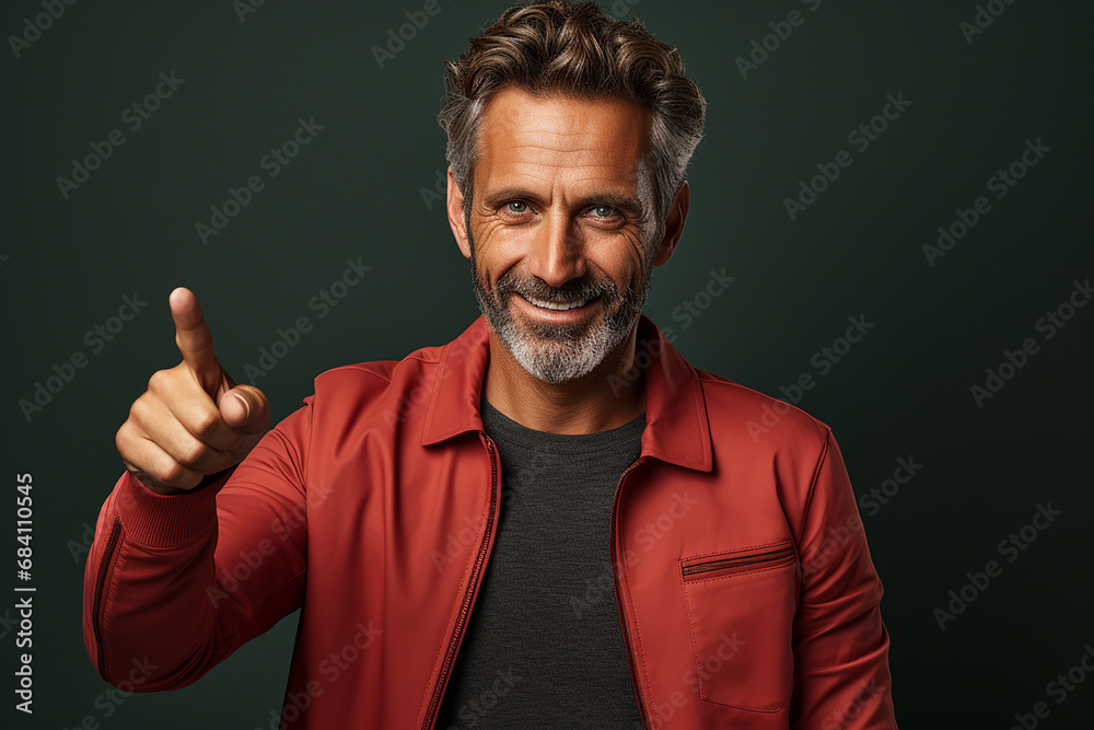 Senior man points with his hand and finger to the side and looks into the camera. Copy space.
