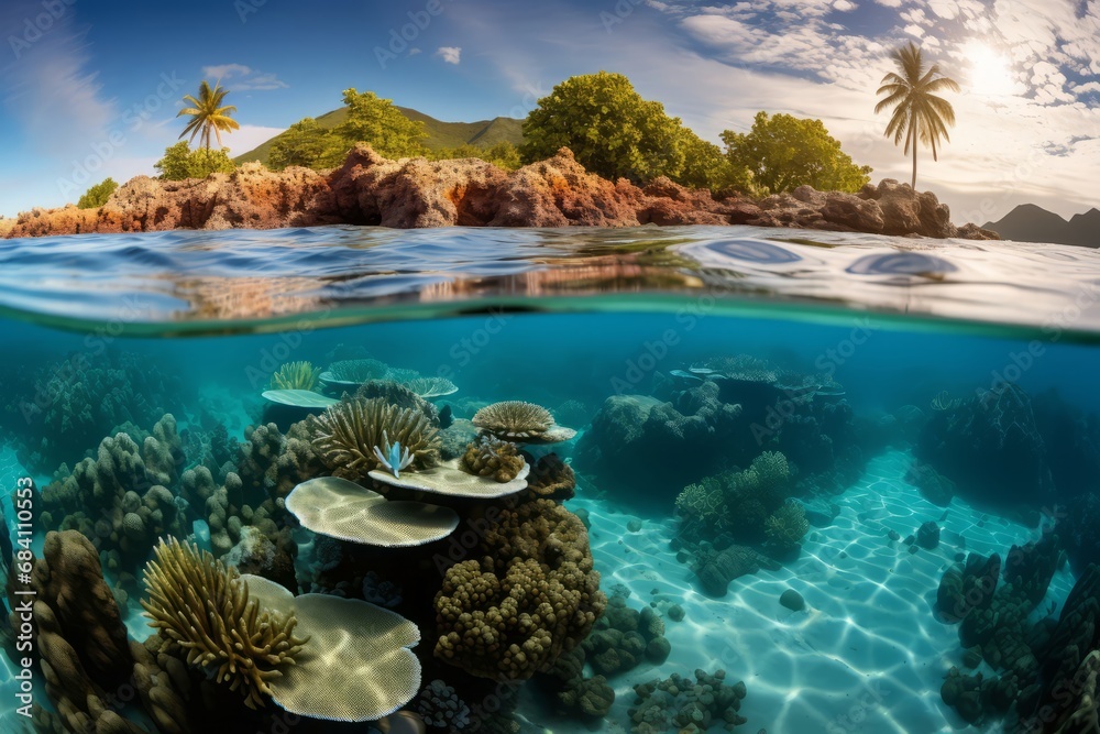 Fototapeta premium Sunset splendor meets underwater marvel in a split-view image of a coral reef.