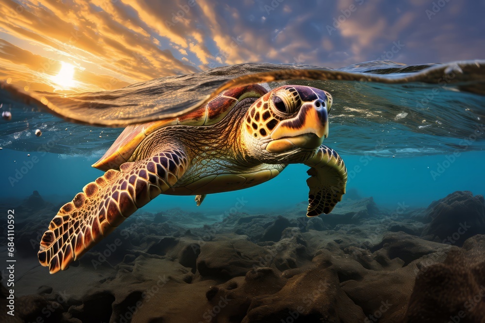 Fototapeta premium Sunset splendor meets underwater marvel in a split-view image of a coral reef.