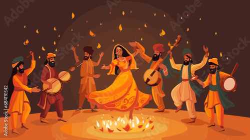 copy space, copy space, illustration, typical indian poster for the lohri festival with a bonfire and dancing indian people. Celebration of Lohri festival in Punjab. Happy Lohri holiday festival.