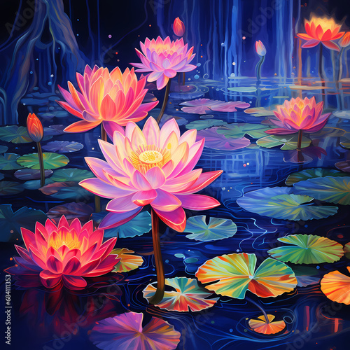  a pattern featuring a lotus pond with the ephemeral glow of neon lights and watercolor-inspired strokes