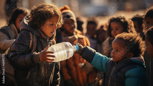 Volunteers distribute plastic bottles of water to refugee children on the hot streets of the refugee camp