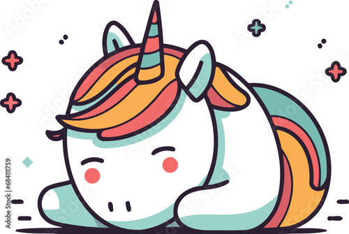 Cute unicorn sleeping on white background vector line art illustration